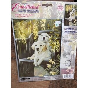 Vintage, Embellished Counted Cross Stitch, Golden Labrador Retriever Puppies Lab